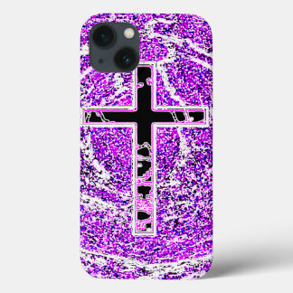 BLACK AND PINK CROSS WITH PURPLE BACKGROUND iPhone 13 CASE