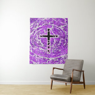 BLACK AND PINK CROSS WITH PURPLE BACKGROUND TAPESTRY