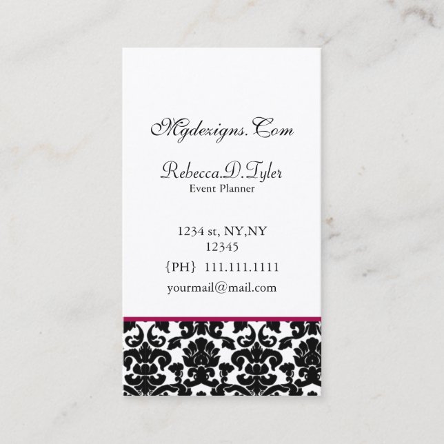 black and pink damask Chic Business Cards (Front)