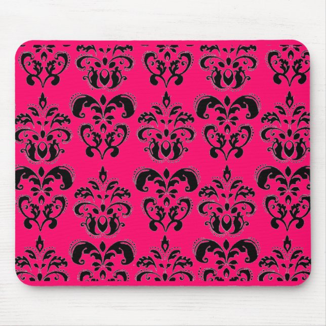 BLACK AND PINK  DAMASK ,fuchsia Mouse Mat (Front)
