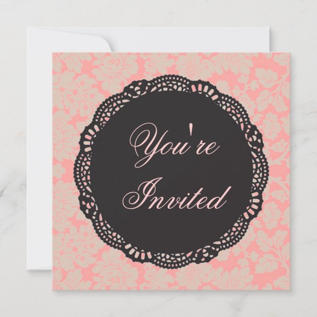 Black and Pink Damask Invitation (Front)