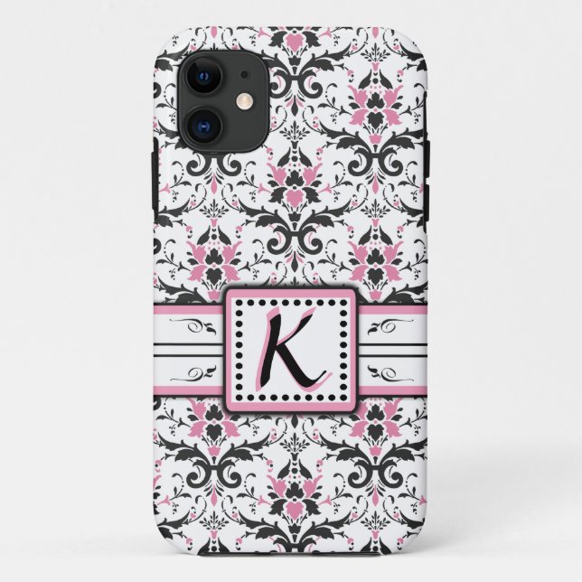 Black and Pink Damask Monogram Case-Mate iPhone Case (Back)