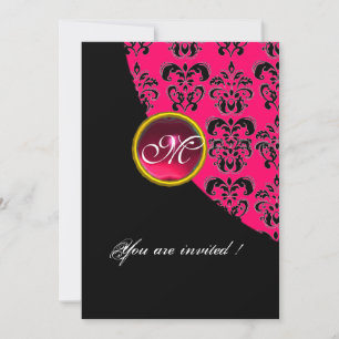BLACK AND PINK DAMASK MONOGRAM,red ruby,fuchsia Invitation