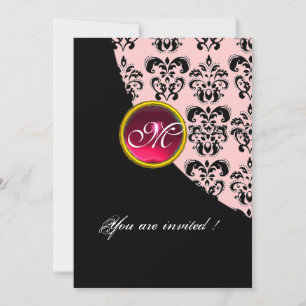 BLACK AND PINK DAMASK MONOGRAM,red ruby Invitation