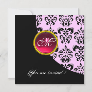 BLACK AND PINK DAMASK MONOGRAM,red ruby, Invitation
