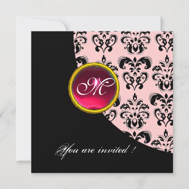 BLACK AND PINK DAMASK MONOGRAM,red ruby, Invitation (Front)