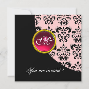 BLACK AND PINK DAMASK MONOGRAM,red ruby, Invitation