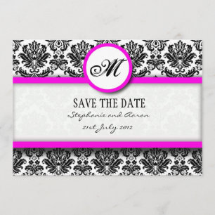 Black and Pink Damask Monogram Save The Date Card