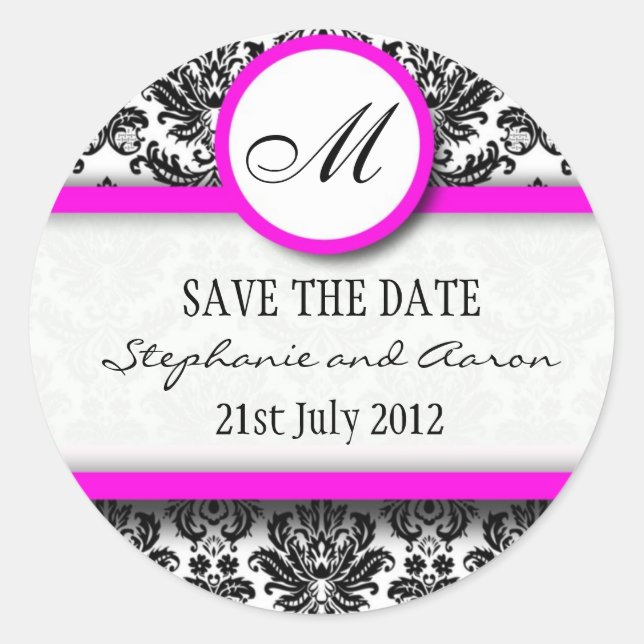 Black and Pink Damask Monogram Wedding Sticker (Front)