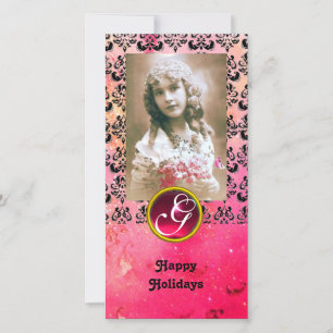 BLACK AND PINK DAMASK Red Ruby Monogram Holiday Card