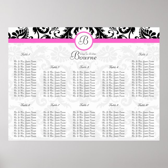 Black and Pink Damask Seating Chart Table Numbers (Front)