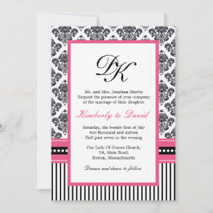 Black and Pink Damask Stripes and Dots Invitations