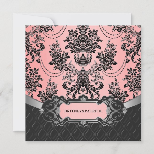 Black and Pink Damask Wedding Invitations (Front)