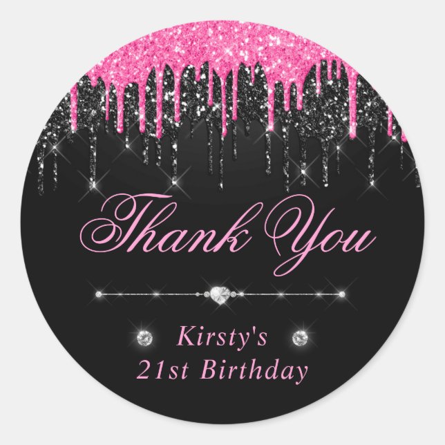 Black and Pink Dripping Glitter Birthday Classic Round Sticker (Front)