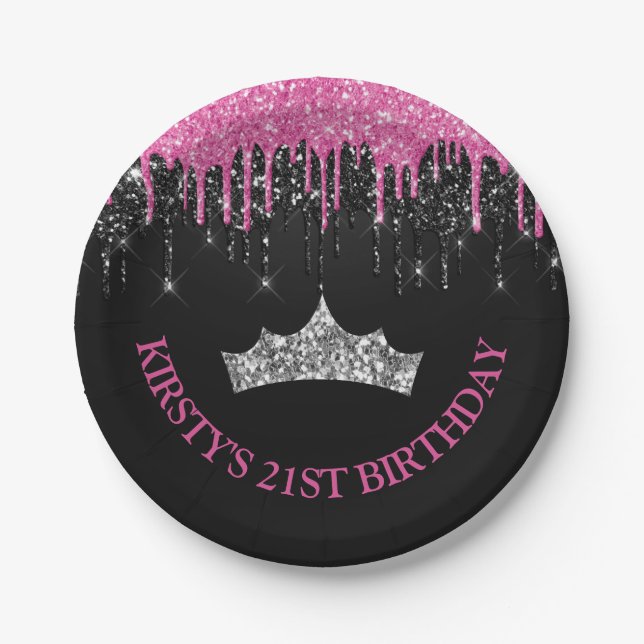 Black and Pink Dripping Glitter Birthday Paper Plate (Front)