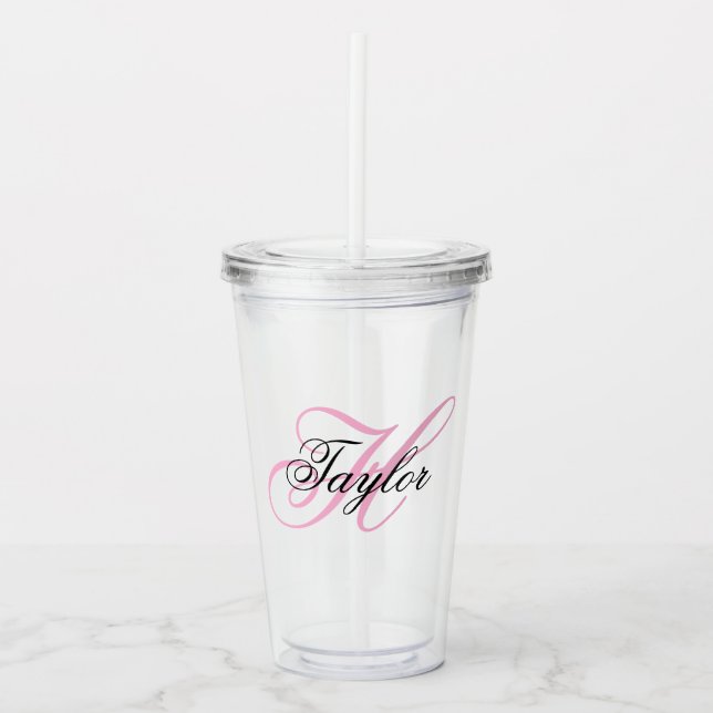 Black and Pink Fancy Monogram Acrylic Tumbler (Front)