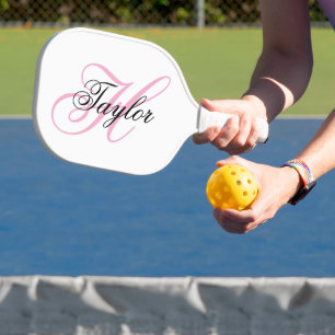 Black and Pink Fancy Monogram White Pickleball Paddle