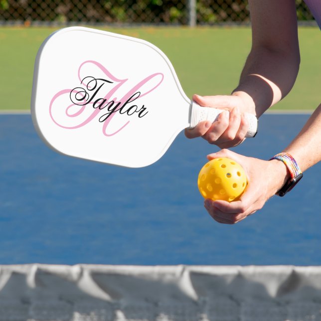 Black and Pink Fancy Monogram White Pickleball Paddle (Insitu)