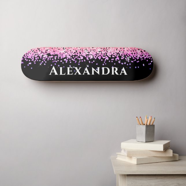 Black And Pink Faux Glitter Aesthetic Custom Name Skateboard (Wall Art (Horz))