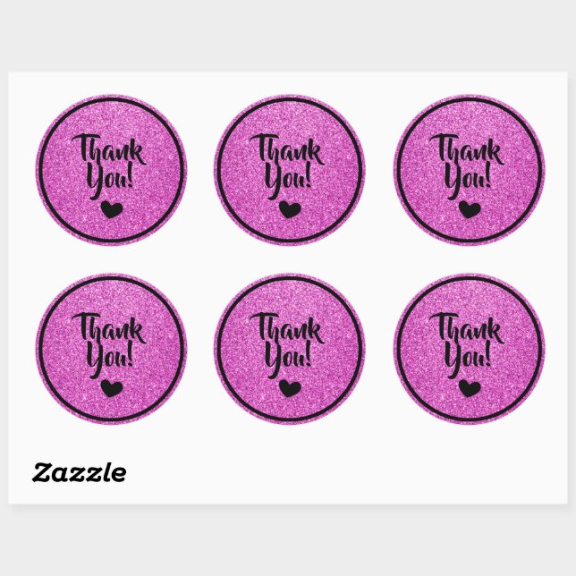 Black and Pink Faux Glitter Thank You Classic Round Sticker (Sheet)
