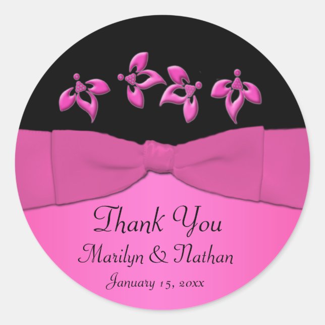 Black and Pink Floral 3" Round Thank You Sticker (Front)
