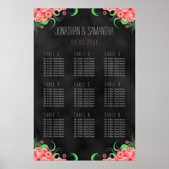 Black and Pink Floral 9 Table Seating Chart (Front)