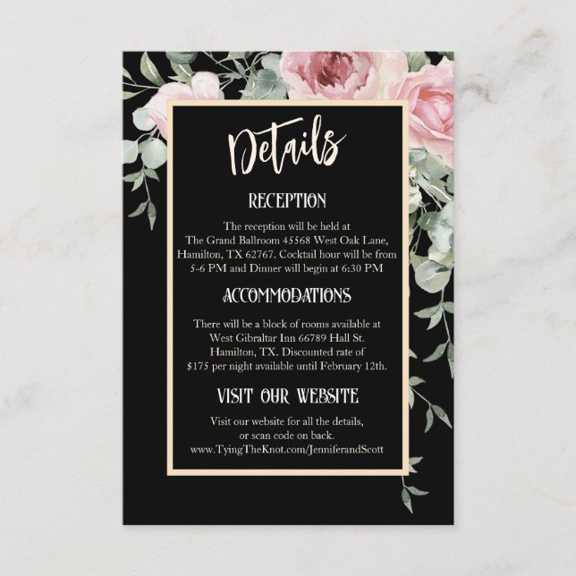 Black and Pink Floral Boho Wedding Details  Enclosure Card (Front)