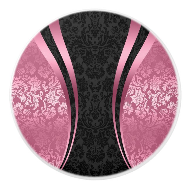 Black And Pink Floral Damasks Ceramic Knob (Front)