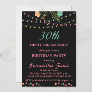 Black and Pink Floral Design 30th Birthday party Invitation