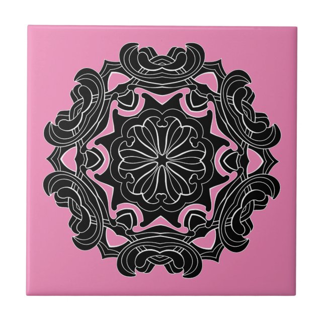 Black and Pink Floral Design Tile (Front)