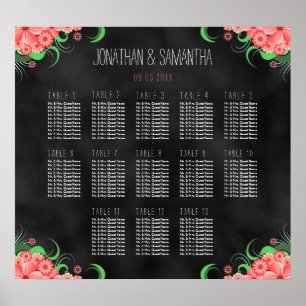 Black and Pink Floral DIY 13 Table Seating Chart
