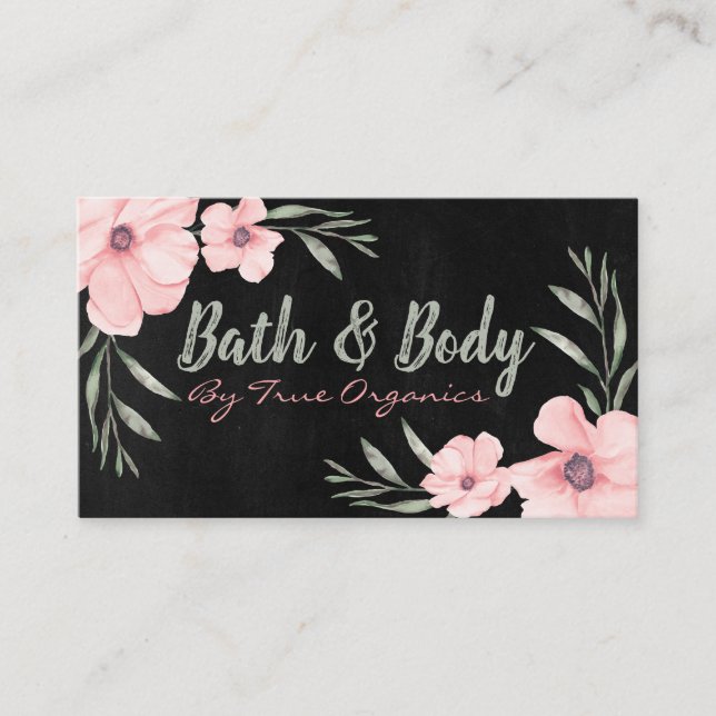 Black And Pink Floral Handmade Spa Bath & Body Business Card (Front)