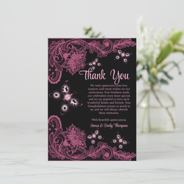 Black and Pink Floral Lace Wedding Anniversary  Thank You Card (Standing Front)