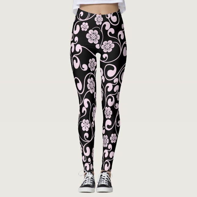 Black and Pink Floral Pattern Women's Workout Leggings (Front)