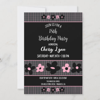 Black and Pink Floral Pinstripe Birthday Invitation