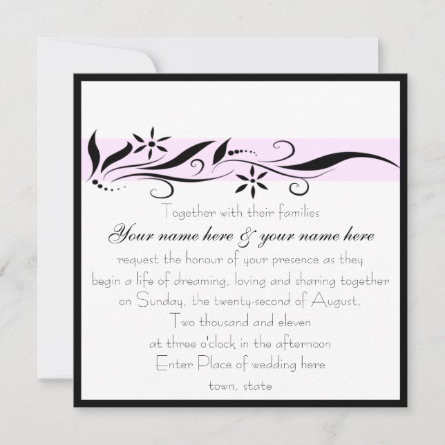 Black and Pink floral square wedding invitation (Front)