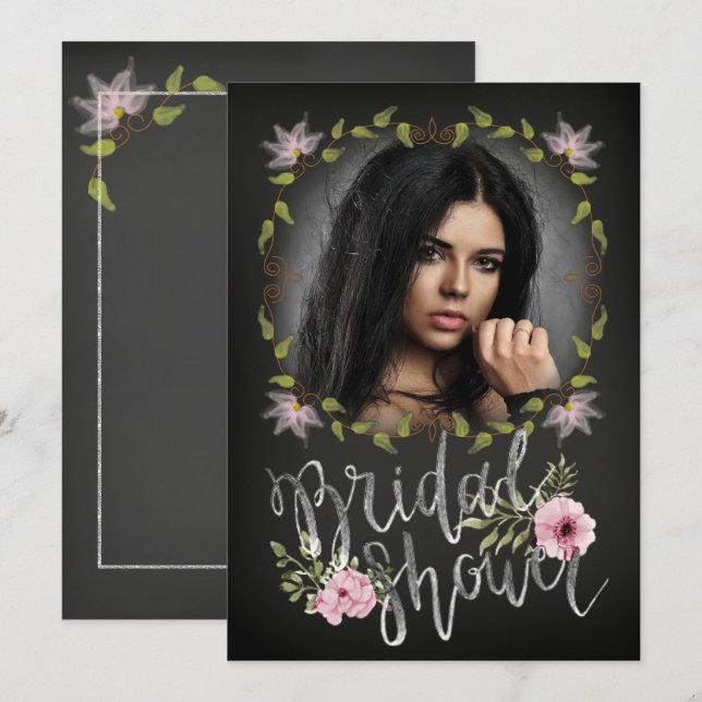 Black and Pink Floral Unique Photo Bridal Shower Invitation (Front/Back)