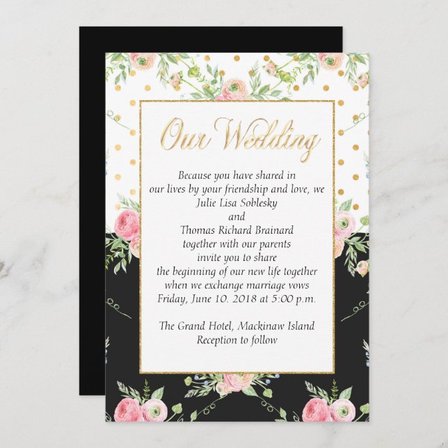 Black and Pink floral wedding invitation (Front/Back)