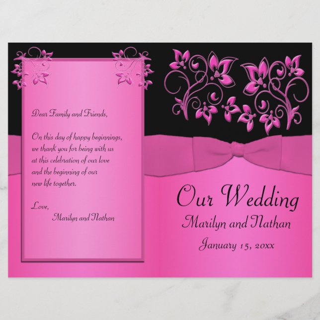 Black and Pink Floral Wedding Program (Front)