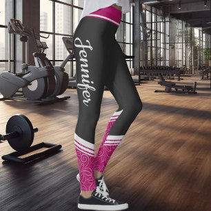 Black and pink floral white stripes & name leggings