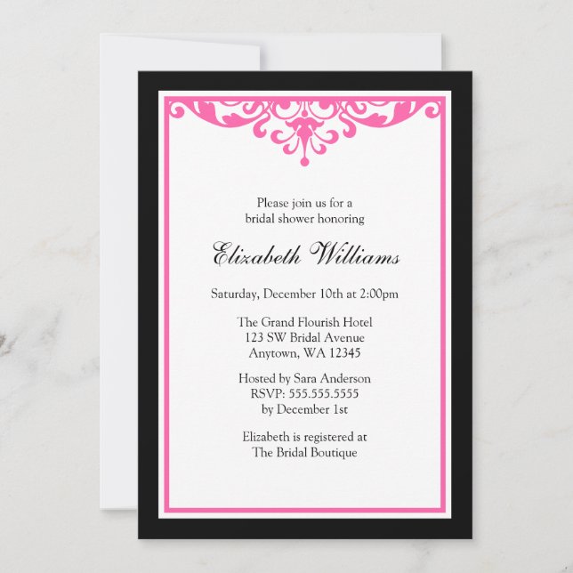 Black and Pink Flourish Bridal Shower Invitation (Front)