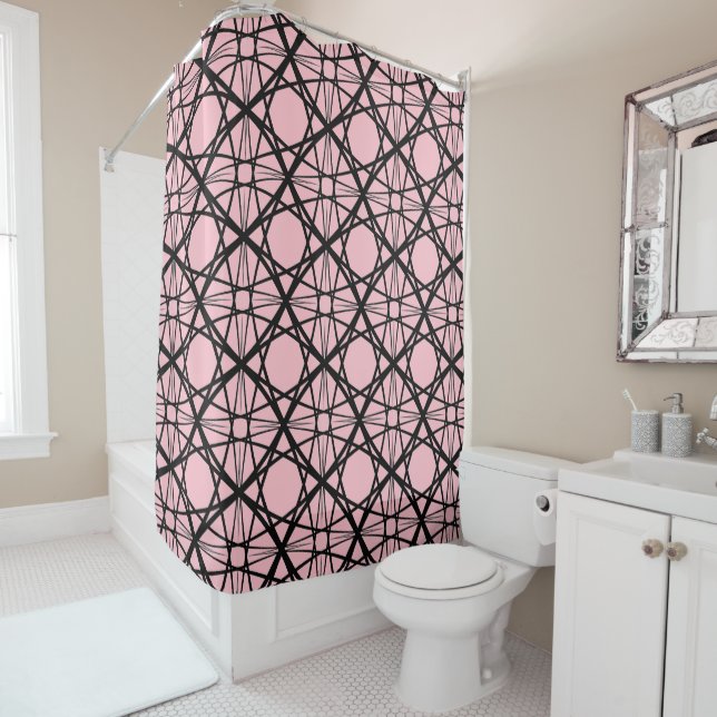 Black and Pink Geometric Art Shower Curtain (In Situ)