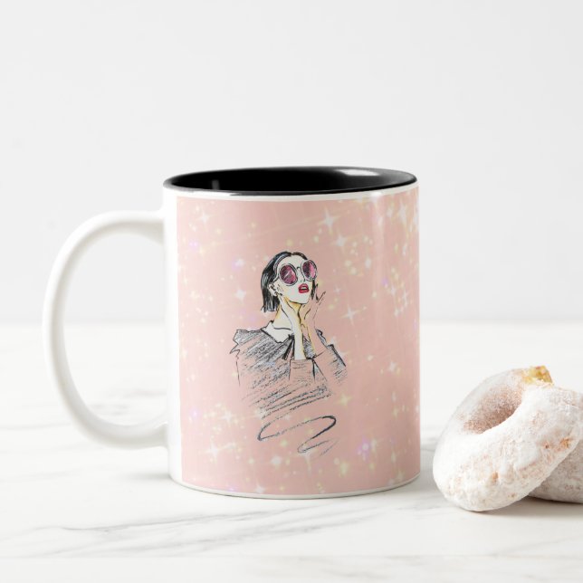 Black and pink girly beauty Two-Tone coffee mug (With Donut)