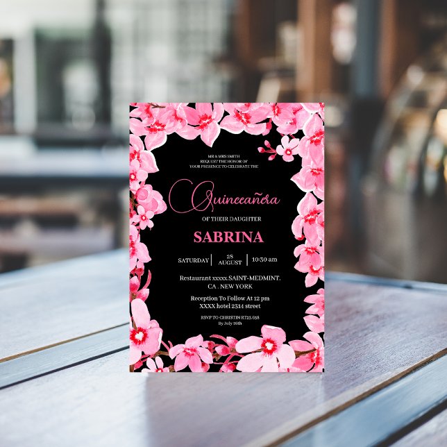 Black and pink Girly Cherry Blossom Quinceanera Invitation (Creator Uploaded)