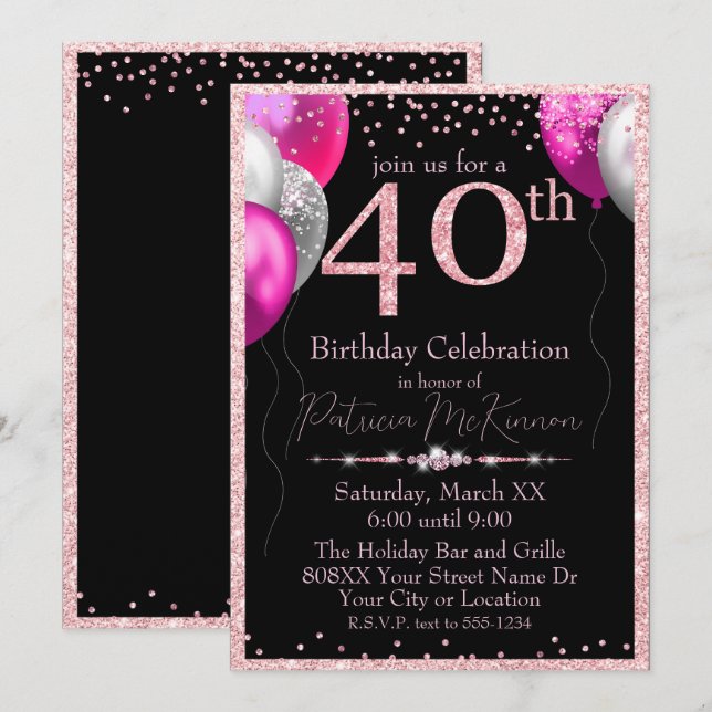 Black and Pink Glitter Balloons 40th Birthday Invitation (Front/Back)