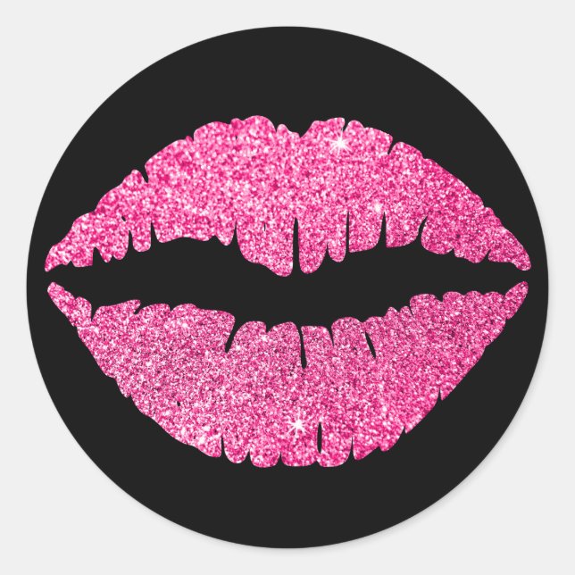Black and Pink Glitter Lipstick Classic Round Sticker (Front)