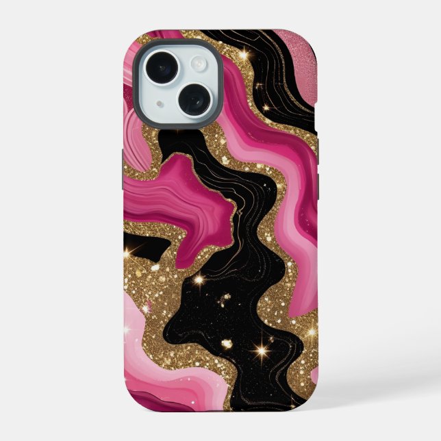 Black and pink Gold Agate iPhone 15 Case (Back)