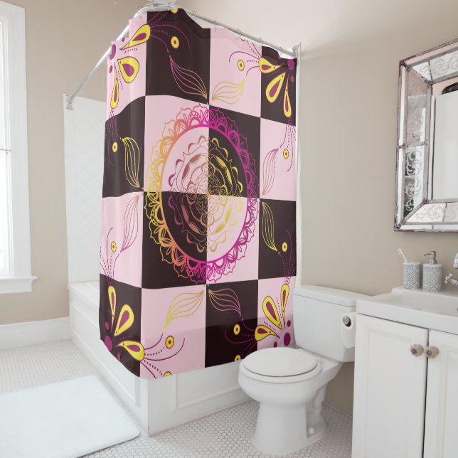 Black and Pink Graphic Art, Mystic Chequerboard Shower Curtain (In Situ)