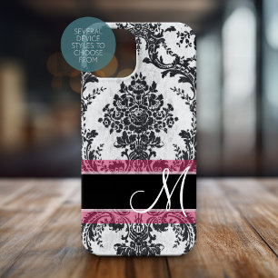 Black and Pink Grunge Damask Pattern Monogram