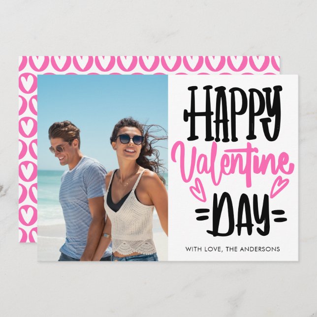 Black and Pink Happy Valentine's Day Script Photo  Holiday Card (Front/Back)